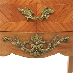 Louis XV style pair of kingwood bedside chests, each of serpentine outline with three parquetry drawers, gilt metal mounts and handles, raised on slender cabriole legs