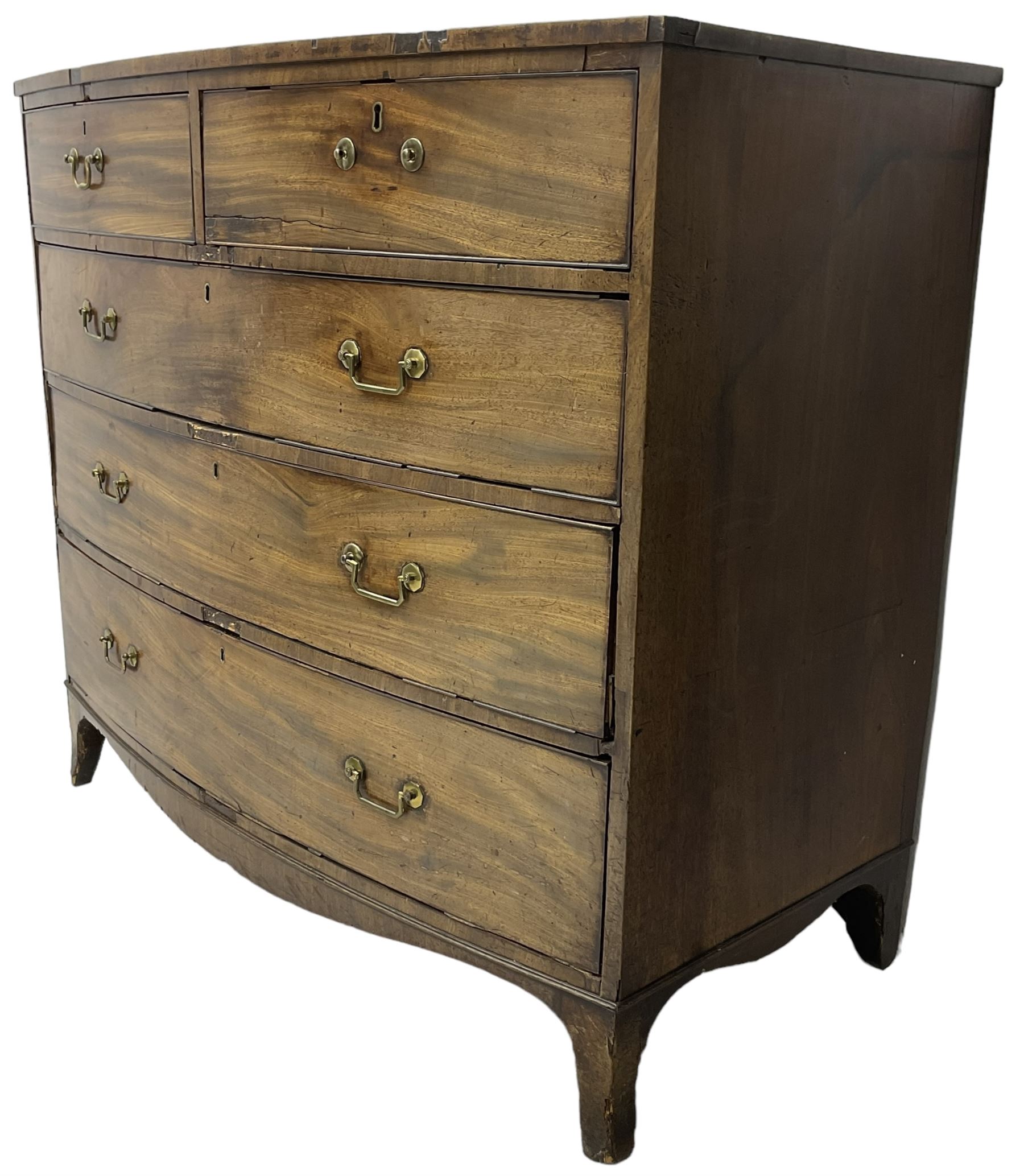 Early 19th century mahogany bow-front chest, fitted with two short over three long cock-beaded drawers, on splayed feet