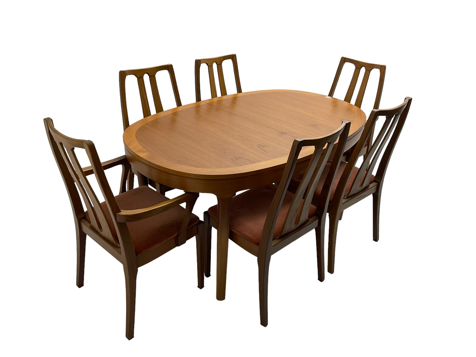 Nathan - mid-20th century teak oval extending dining table (W152cm D99cm H75cm); and Nathan - set six (4+2) mid-20th century teak high slat-back chairs, seats upholstered in light red fabric (W55cm H96cm)