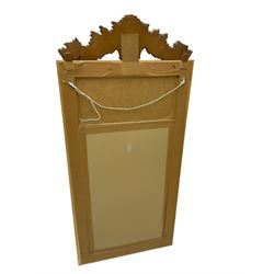 Spanish style wood and composite wall mirror, flower head pediment over plain mirror plate, foliate moulded frame
