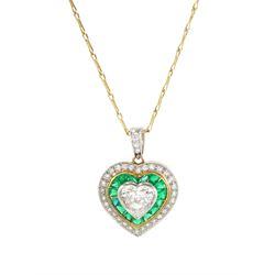 15ct gold and platinum diamond and emerald heart pendant, the principal milgrain set,  hea...
