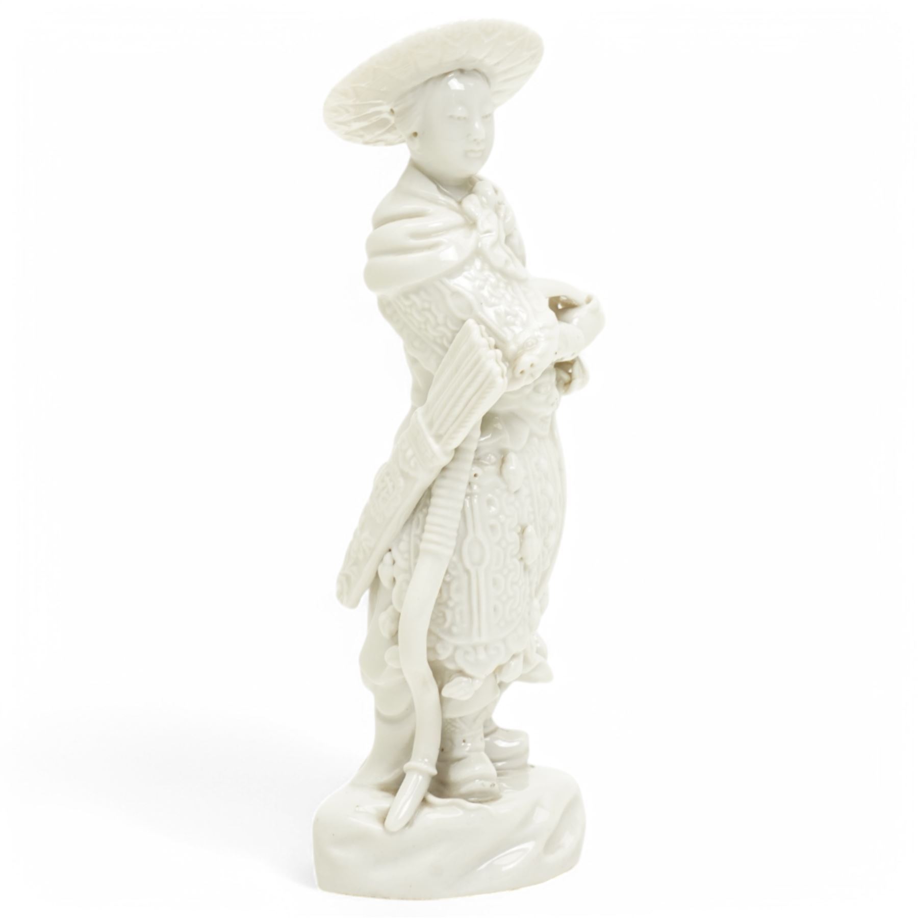 Pair of 19th century Berlin blanc de chine figures of flower sellers on circular bases, H25cm and similar of an oriental archer, together with a figural group of mother and child (4)