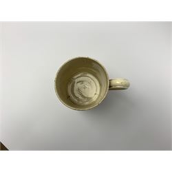 Late 18th century earthenware mug, possibly Ralph Wedgwood, Burslem or Ferrybridge, with surface marbled decoration and later gilt detail to rims and handle, impressed beneath Wedgwood & Co, H12cm