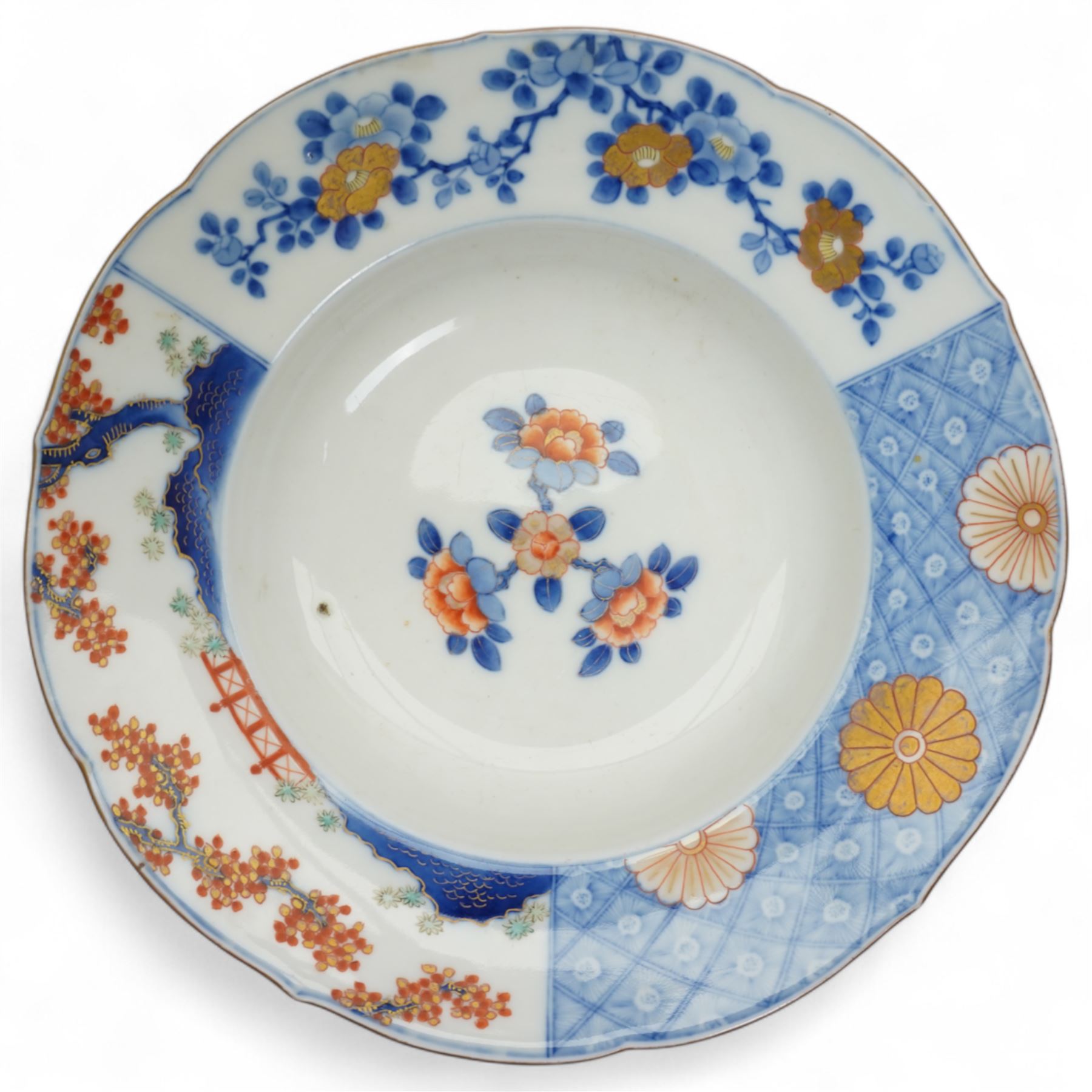 Japanese Edo period hexagonal dish with gilt decoration, Japanese porcelain to include a Seto blue and white dish, of square lobed form, four character mark to base, W18cm, Meiji Fukagawa Koransha imari circular dish on three ball feet, orchid mark to base D23cm, together with a matched pair of 19th century blue and white saucers, D16.5cm (4)