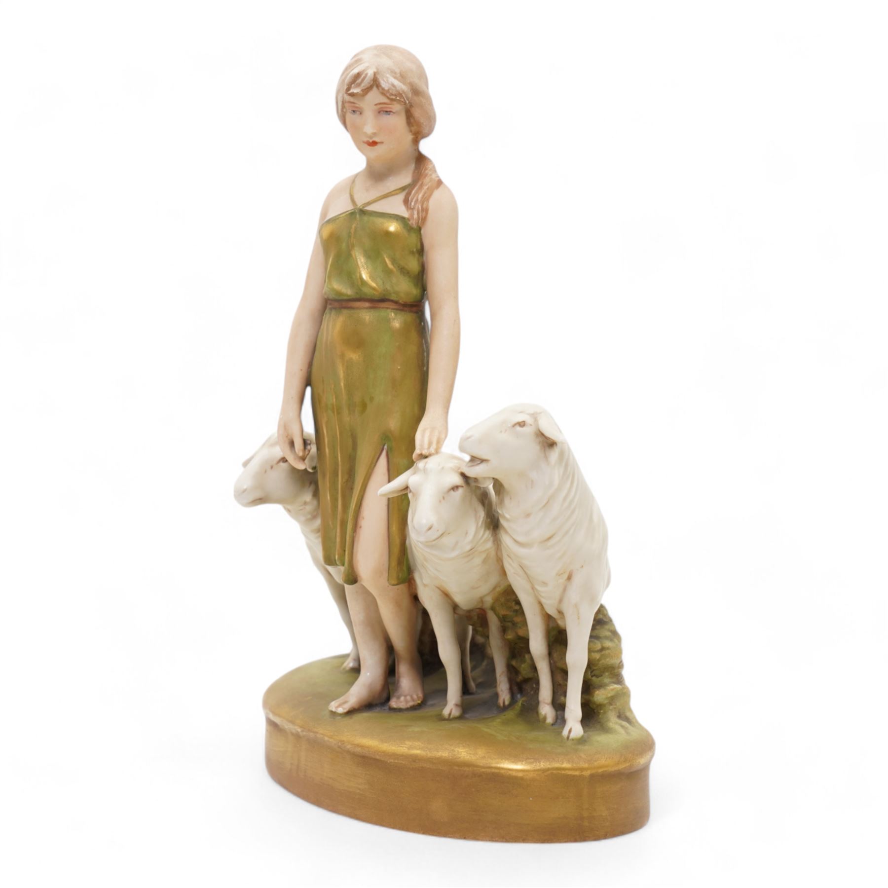 Royal Dux porcelain figure of shepherdess and sheep, impressed no. 2983 and pink triangle, H24cm 