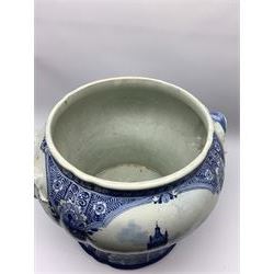 Large 20th century Delft blue and white jardinière, of baluster form with twin zoomorphic mask lug handles, decorated with hand painted panels of waterside scenes, within foliate surround, impressed and painted marks beneath for De Porceleyne Fles workshop, Delft, H35cm, rim D32