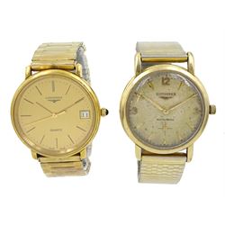 Longines gentleman's 10K gold filled automatic wristwatch, Cal 22A and one other Longines gentleman's gold-plated and stainless steel quartz wristwatch, Cal. L 720.2, both on expanding gilt straps