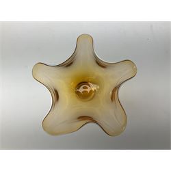 Gillies Jones orange glass bowl with crimped white rim upon a pedestal foot, H11.5cm