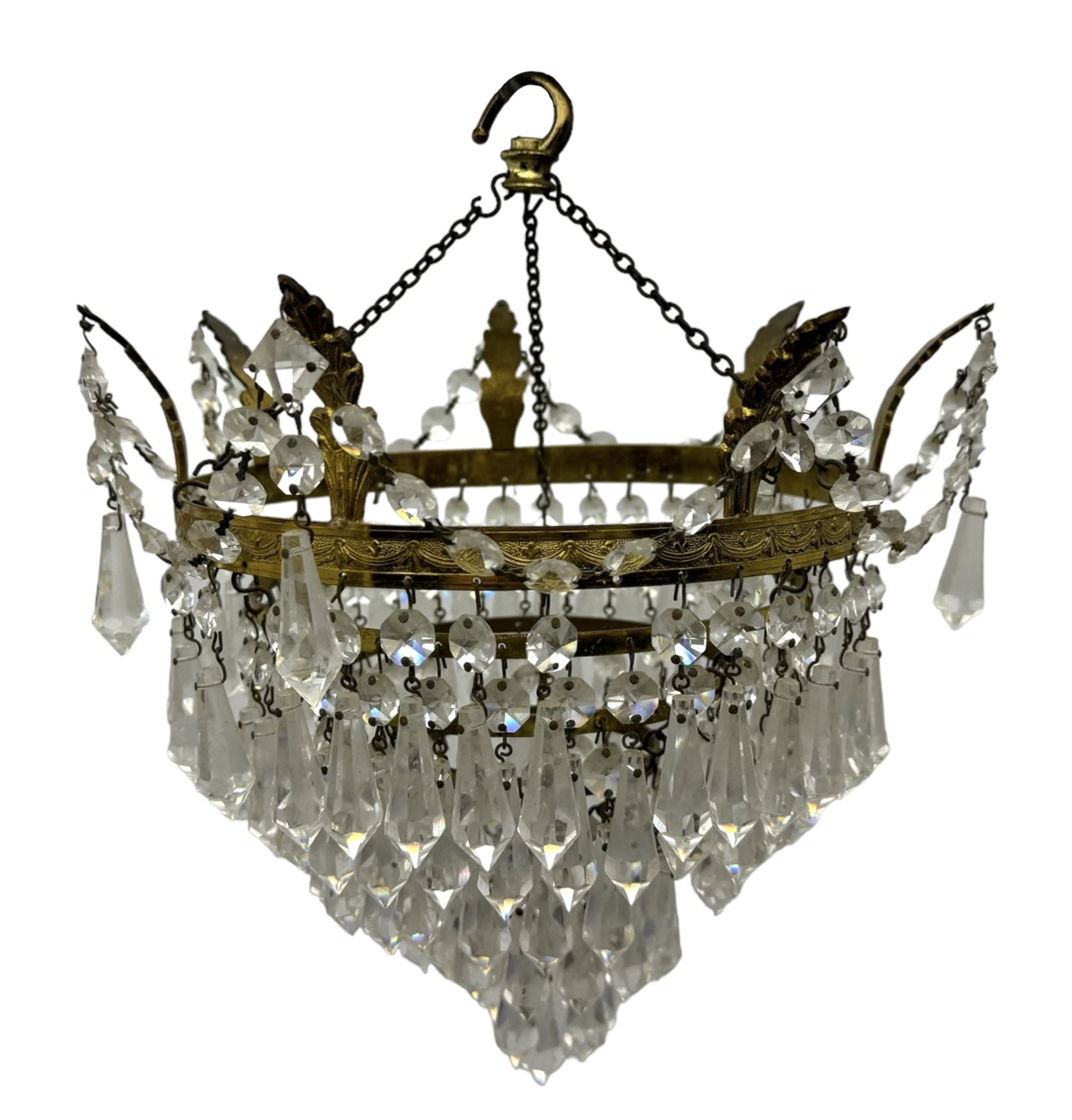 Collection of vintage and modern light fixtures, including copper pendant light, brass five-arm chandelier, hanging lantern and two small chandeliers with hanging faceted droplets (6)