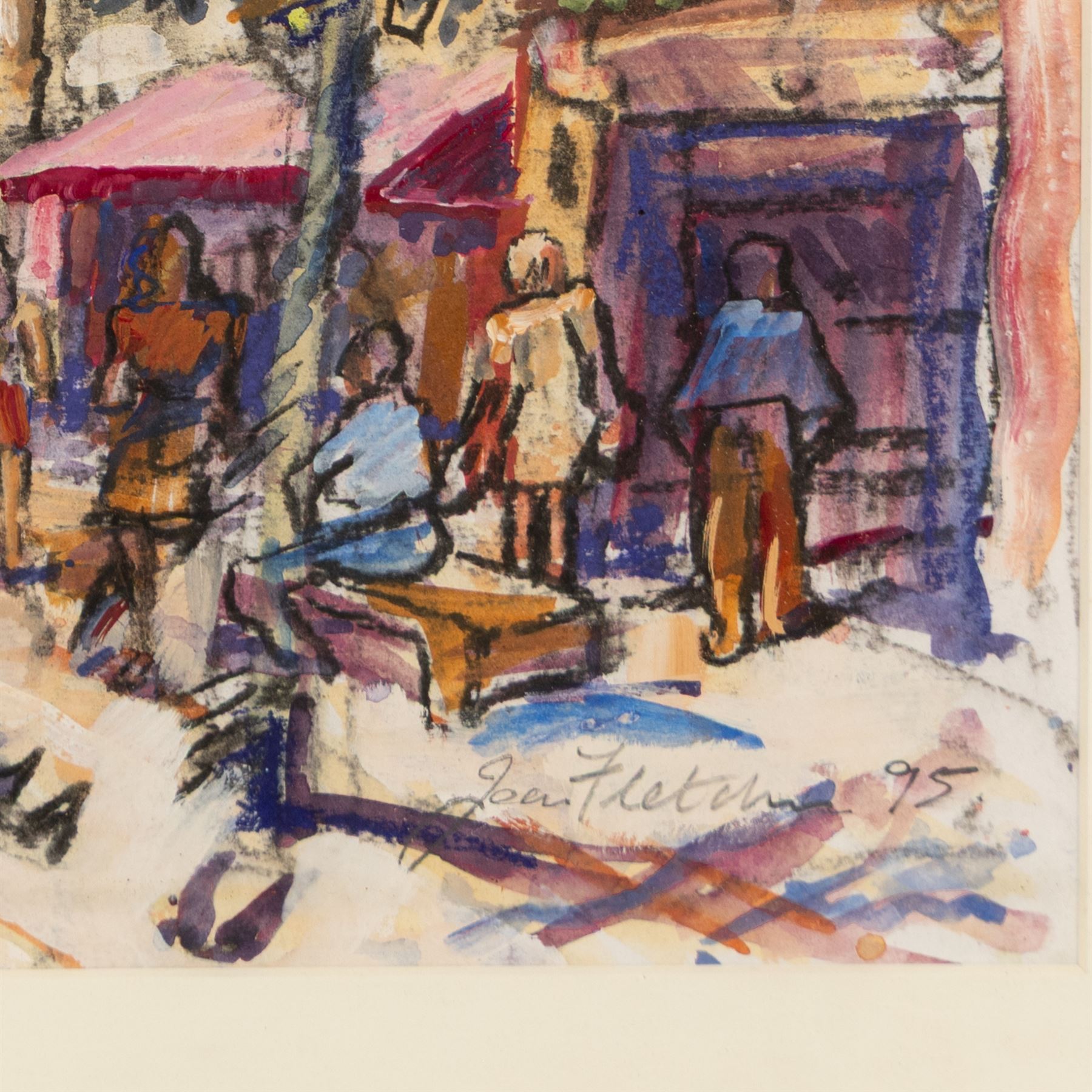 Mary Goudie Simpson (British 1869-1934): 'Vegetable Stall - Bruges', gouache signed, titled verso; Jean Fletcher (British 20th Century): 'St Anne's Square', mixed media signed and dated '95; together with two still lifes, oils on board signed K T and L I Warburton one dated 1906 max 45cm x 45cm (4)