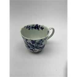 18th century Worcester faceted coffee cup and saucer, circa 1760, the coffee cup with grooved loop handle, each decorated in the Prunus Root pattern, each with workman's mark beneath, cup H5.5m, saucer D13cm 