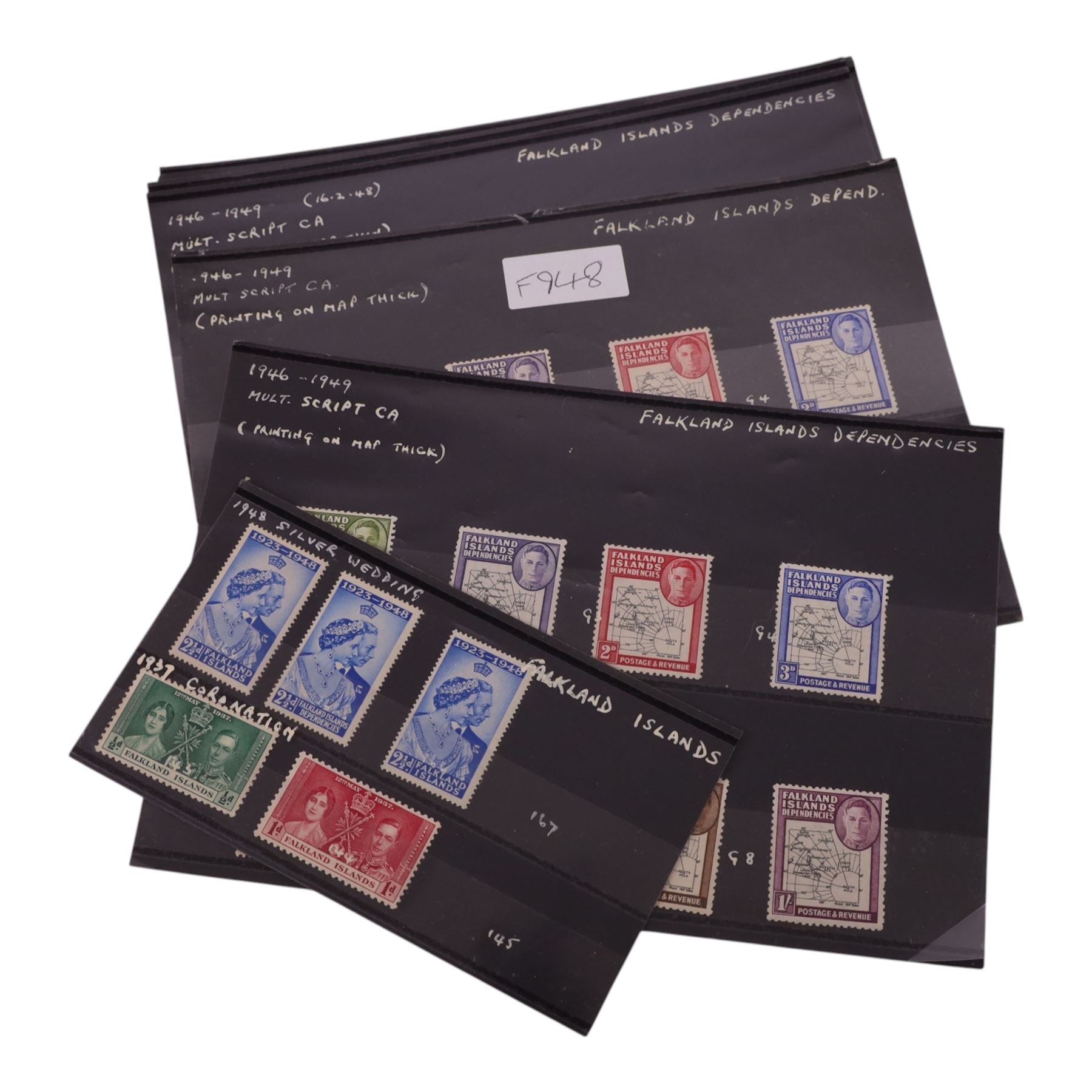 King George VI and Queen Elizabeth II Falkland Islands and Falkland Islands Dependencies stamps, including two King George VI 1946-1949 'thick map' sets of eight, apparently hinged and unhinged, corresponding 'thin map' set of seven, etc, housed on stock cards