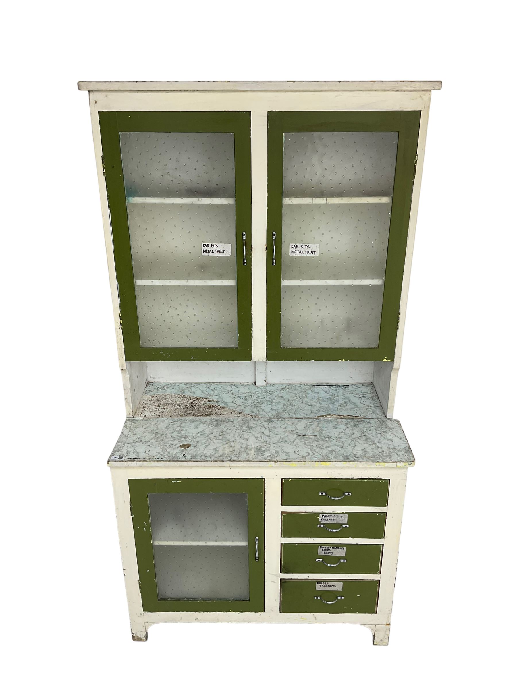 Mid-20th century painted kitchenette, raised glazed cabinet over single glazed door and four drawers