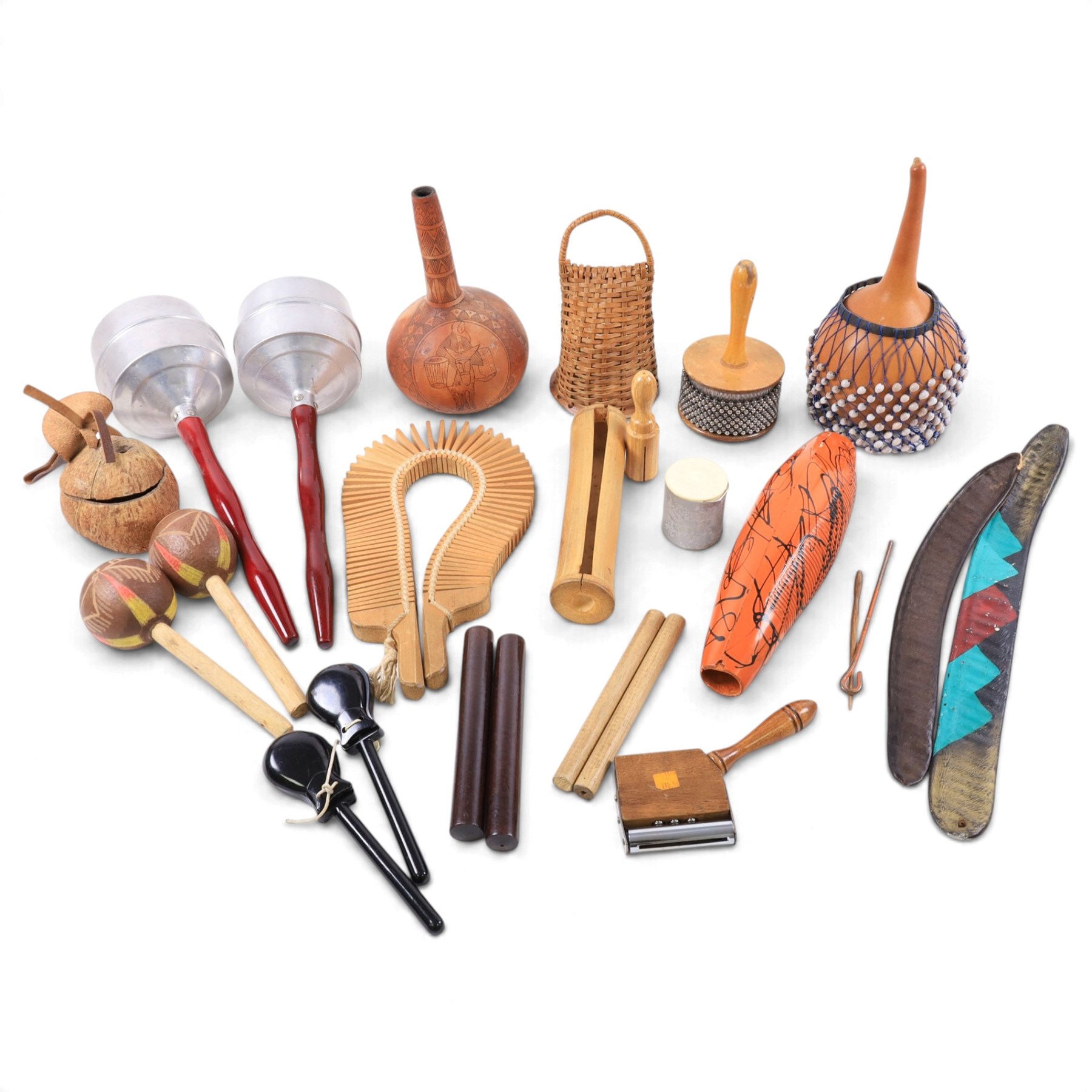 Collection of percussion instruments, including pair of metal maracas, cabasa, shekere, gourd maraca, guiro, wooden maracas, plastic castanets, etc