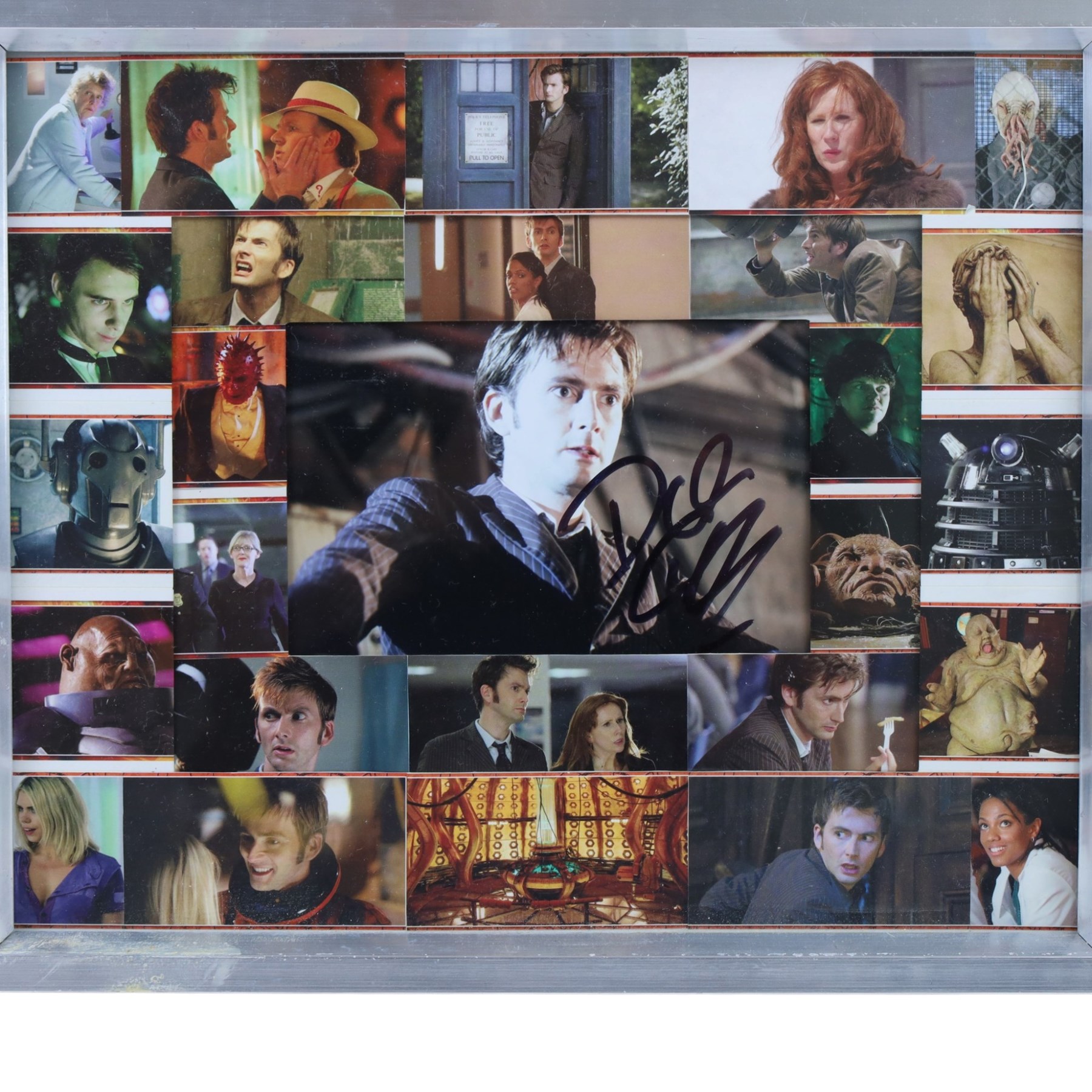 Doctor Who prints and signed memorabilia, including first day cover with signatures of Tom Baker, Peter Davidson, Colin Baker and Sylvester McCoy, signed print of Katy Manning, print of Billy Piper and Christopher Ecclestone with spurious signatures, Tardis print, etc