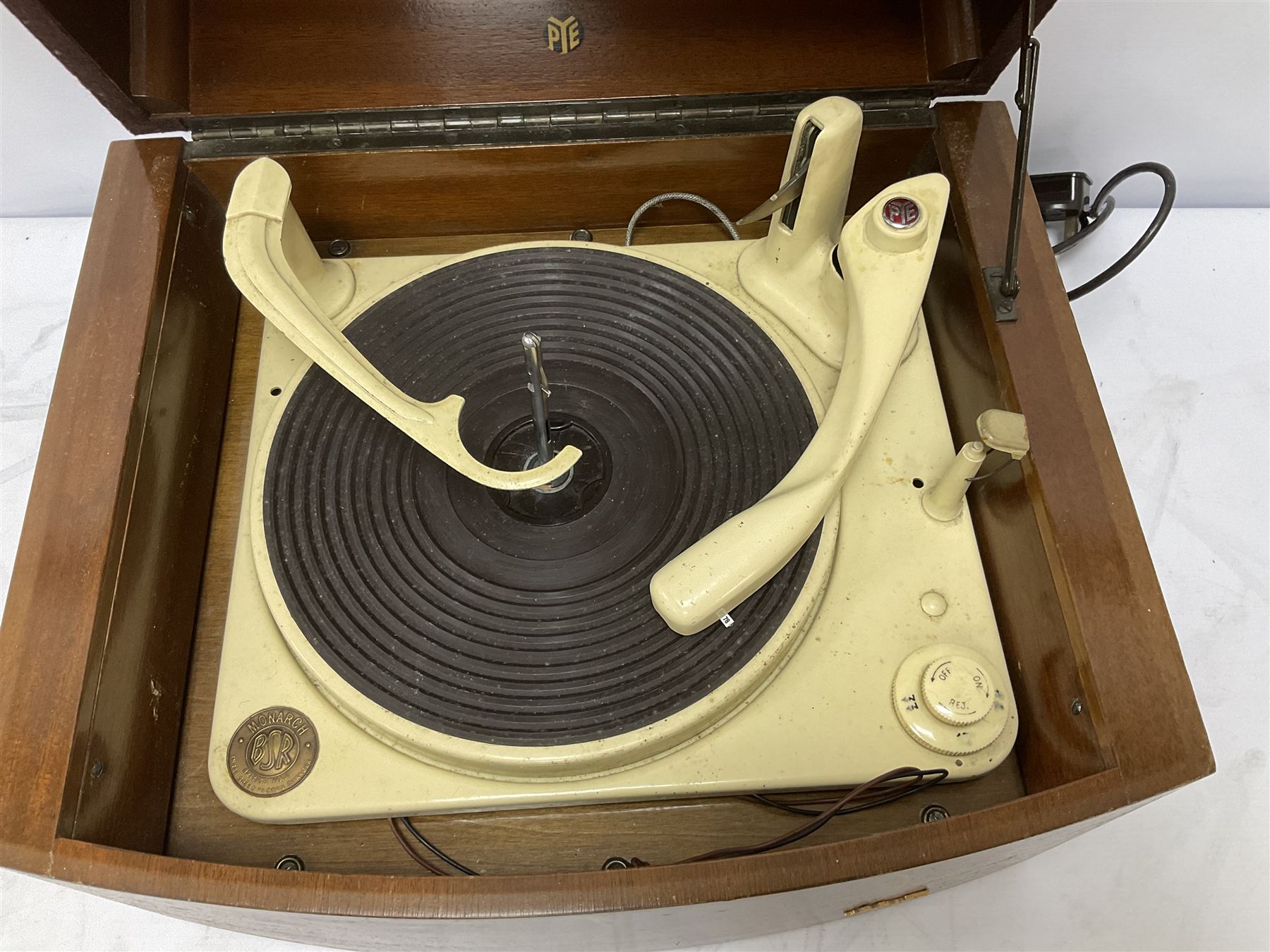 Three 1950s Pye Black Box Hi-Fi gramophones in mahogany cases, to include two examples with BSR Monarch turntable decks, W43cm D35cm H28.5cm