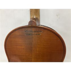 Four violins 1/8th size; half size with Nicolas Bertholini label; three-quarter size with Stradivarius copy label; and full size with Marquis De L'Air label (4)