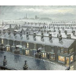 Steven Scholes (Northern British 1952-): 'Rooftops of Manchester', oil on board signed 32cm x 37cm
