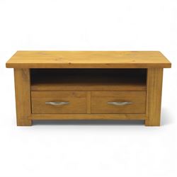 Contemporary pine television stand, with rectangular moulded top above an open shelf, fitted below with two drawers with brushed metal handles, plain sides, raised on square block fee