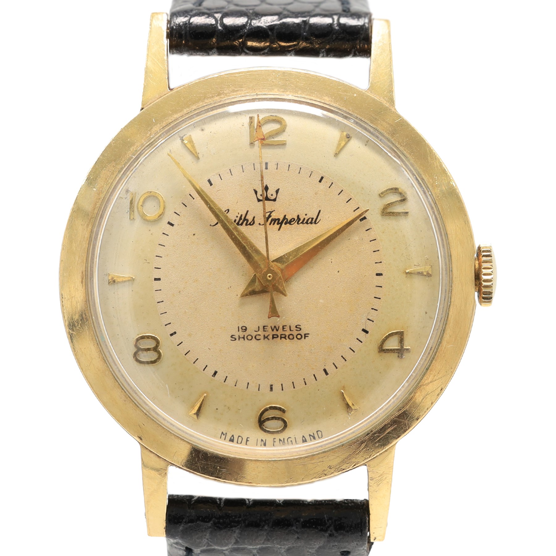 Smiths Imperial gentleman's 9ct gold manual wind wristwatch, cream dial with alternate dagger and Arabic hour markers, hallmarked, on black leather strap
