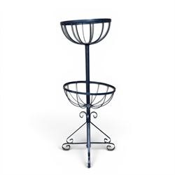 Pair of two tiered flower baskets, two hay racks, hanging basket, two boxes of plant pots and a square stone planter