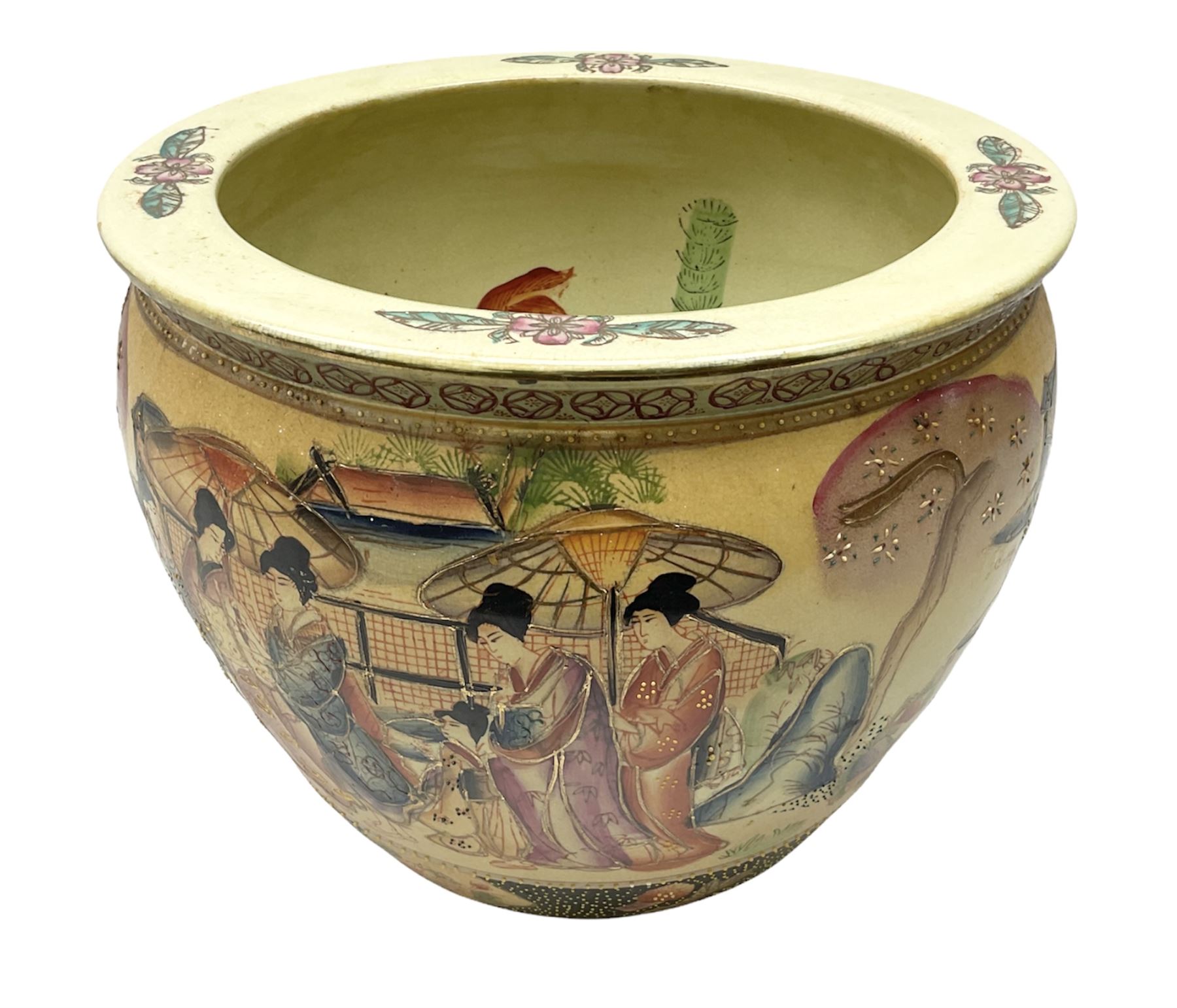 Chinese fish bowl of satsuma style, the exterior decorated with traditional figures, flowers and trees, the interior painted with koi carp, H24cm