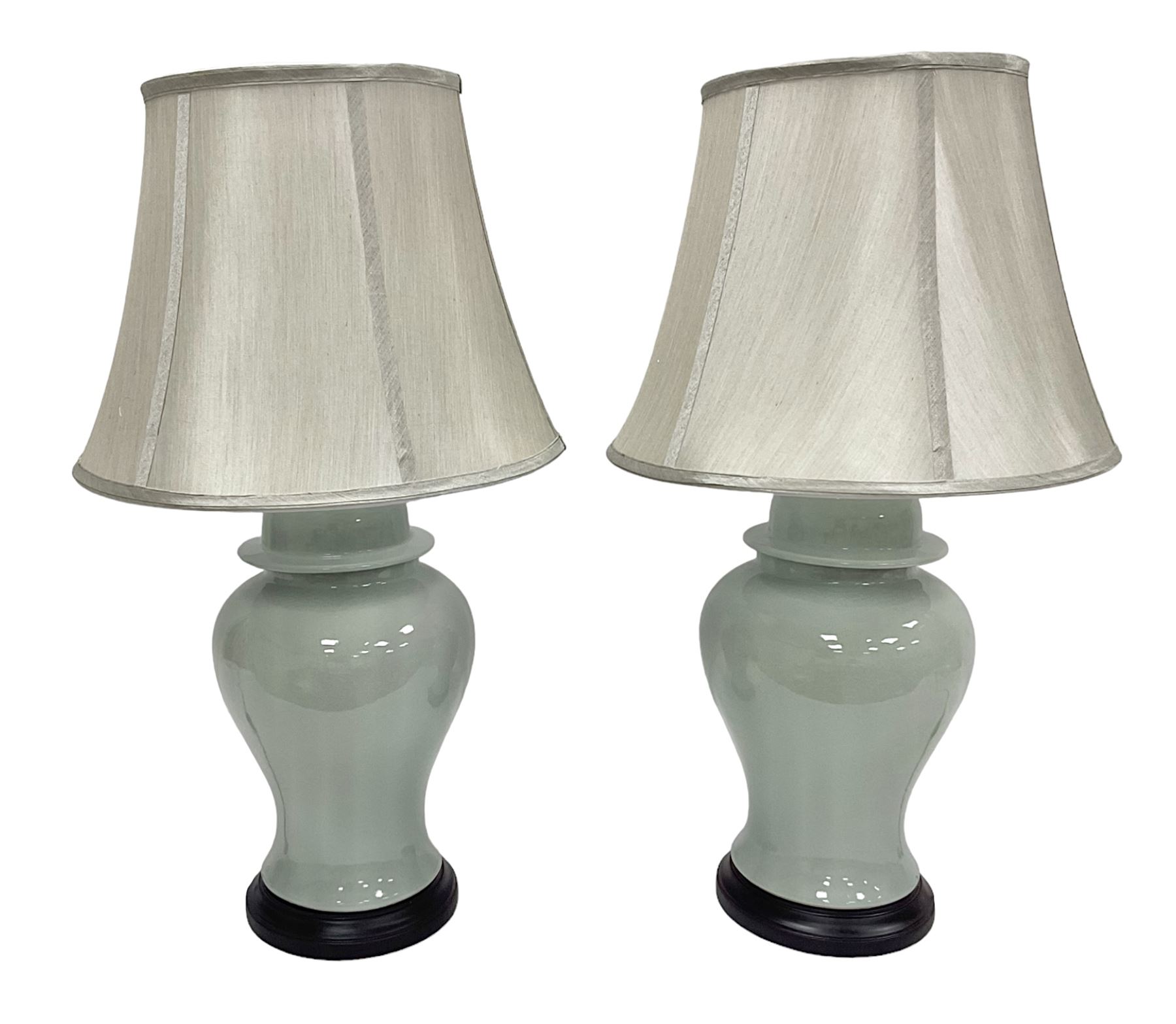 Pair of table lamps of baluster form, with a crackle glaze over a pale blue ground, including shade H68cm