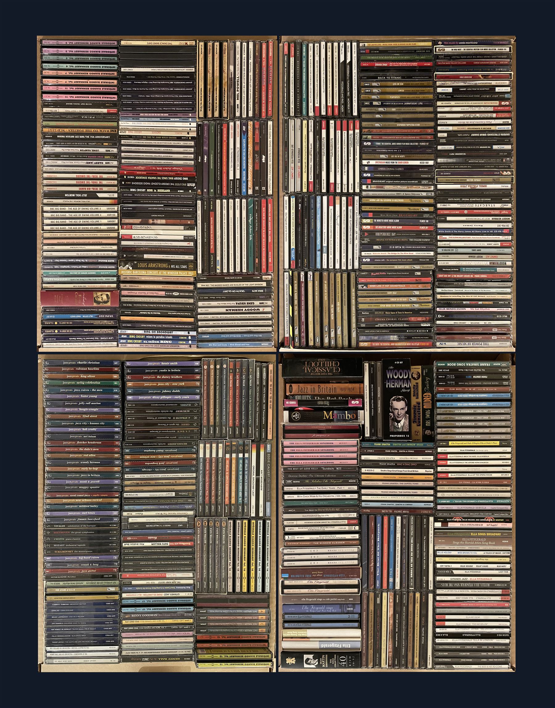 A large collection of mostly Jazz CD's including Fats Waller, Eddie Calvert, Harry James, Ella Fitzgerald, Wood Herman, Frank Sinatra and other music four boxes (400+)