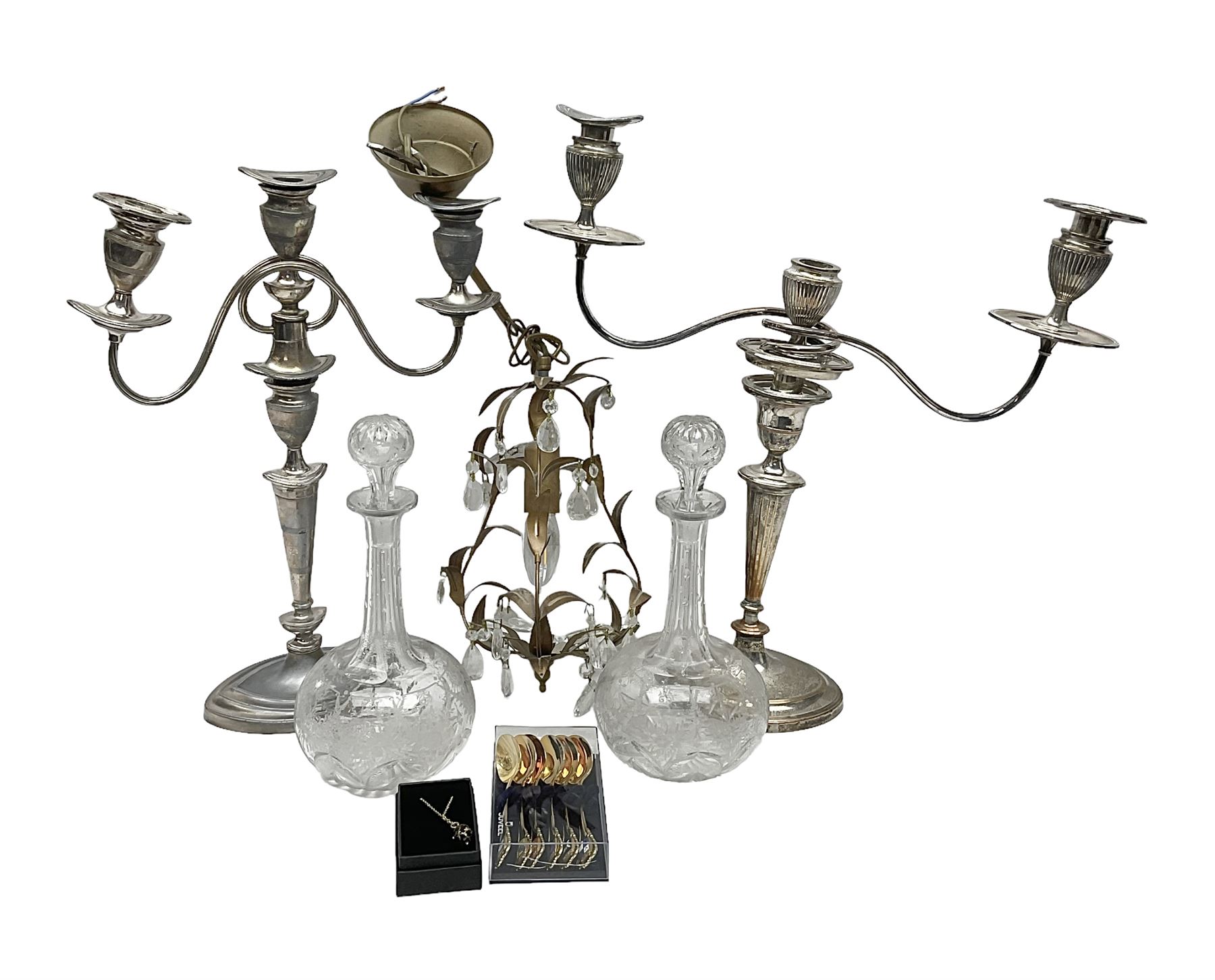 Two silver plate candelabras, together with two glass decanters, necklace and other collectables 