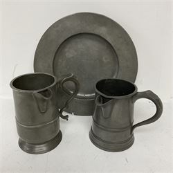 18th century pewter plate, with stamped London Superfine and crowned rose mark verso, together with two 19th century pewter side pouring tavern quart mugs, each indistinctly engraved (one 'R Harding Feathers')