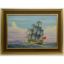  Keith Sutton (British 1924-1991): 'Bounty' Sailing Vessel at Sea, oil on canvas board signed 'Sutton' and dated 1981, 49.5cm x 75cm  
