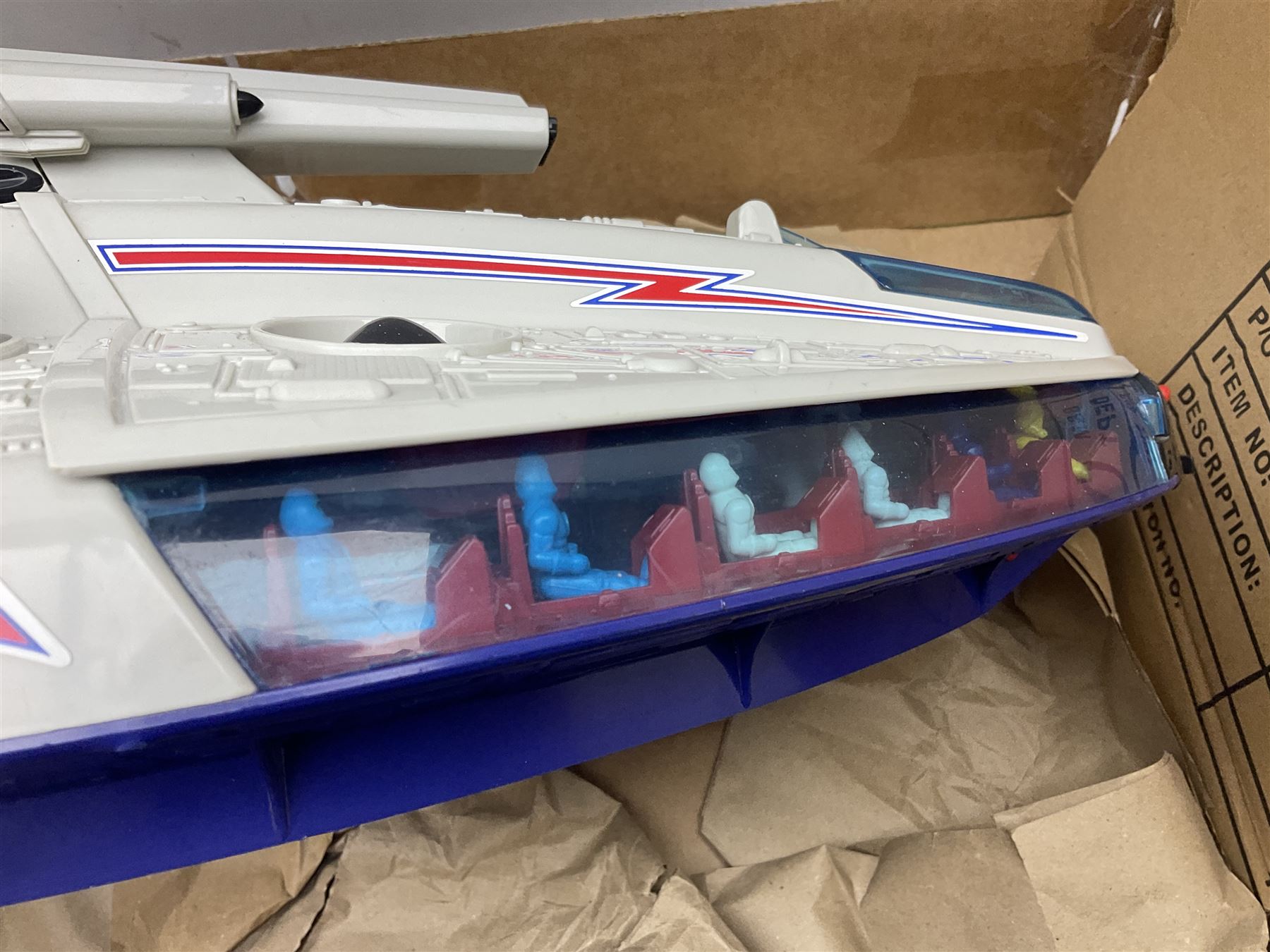 Two 1980s Bluebird Manta Force spaceship playsets - Red Venom and Entire Space Battle Force in one Gigantic Ship; both boxed with instructions.; and quantity of spare figures