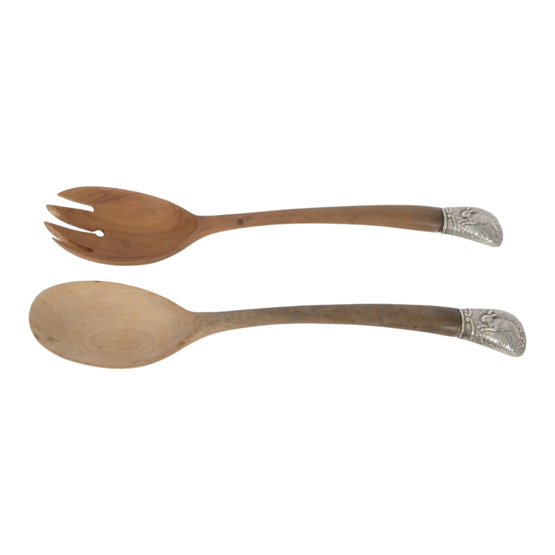 Simons Brothers, Philadelphia PA., circa 1880, American Arts and Crafts silver topped tureen salad servers, with silver with repousse decoration depicting a rabbit in long grass, the reverse marked Eda, marked sterling 1706 bearing makers mark for Simons Brothers   