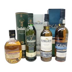 Scapa, The Orcadian single malt Scotch whisky, 70cl, 40% vol, Glenallachie, distillery edition speyside single malt Scotch whisky, 70cl, 40% vol, Glenfiddich, 12 year old, single malt Scotch whisky, 70cl, 40% vol and the Glenrothes, vintage reserve single malt whisky, 700ml, 40% vol (4)