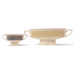 John Clappison for Hornsea pottery, four ashtrays and two twin handled vases, each with brightly coloured stripes on a white ground, largest vase H12cm