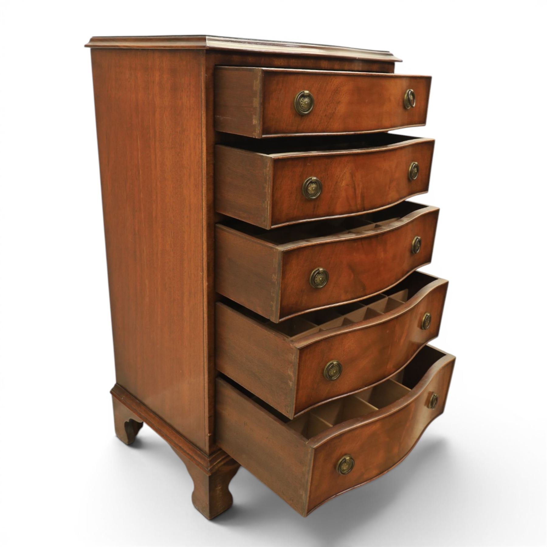 Reprodux - 20th century mahogany narrow serpentine chest, with six graduating drawers, later fitted with dividers, raised on bracket feet
