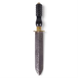 1930s German diver's knife by Siebe Gorman & Co, with double edged 20cm blade, brass crossguard and turned Bakelite handle, housed within brass scabbard with leather belt-loop