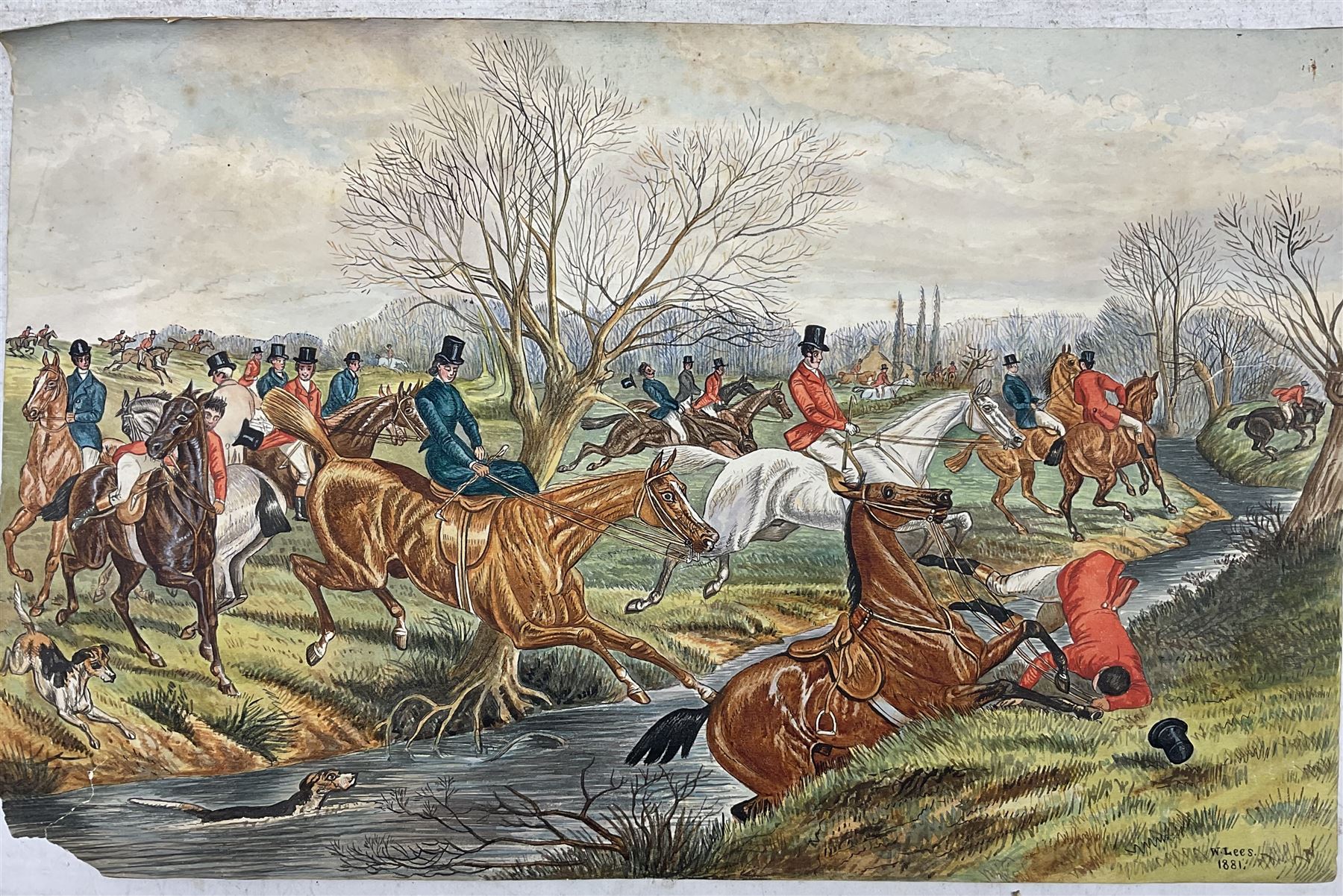 W Lees (British Late 19th Century): The Hunt and An Eagle Fight, pair unframed watercolours signed, dated 1881 max 33cm x 43cm (2)