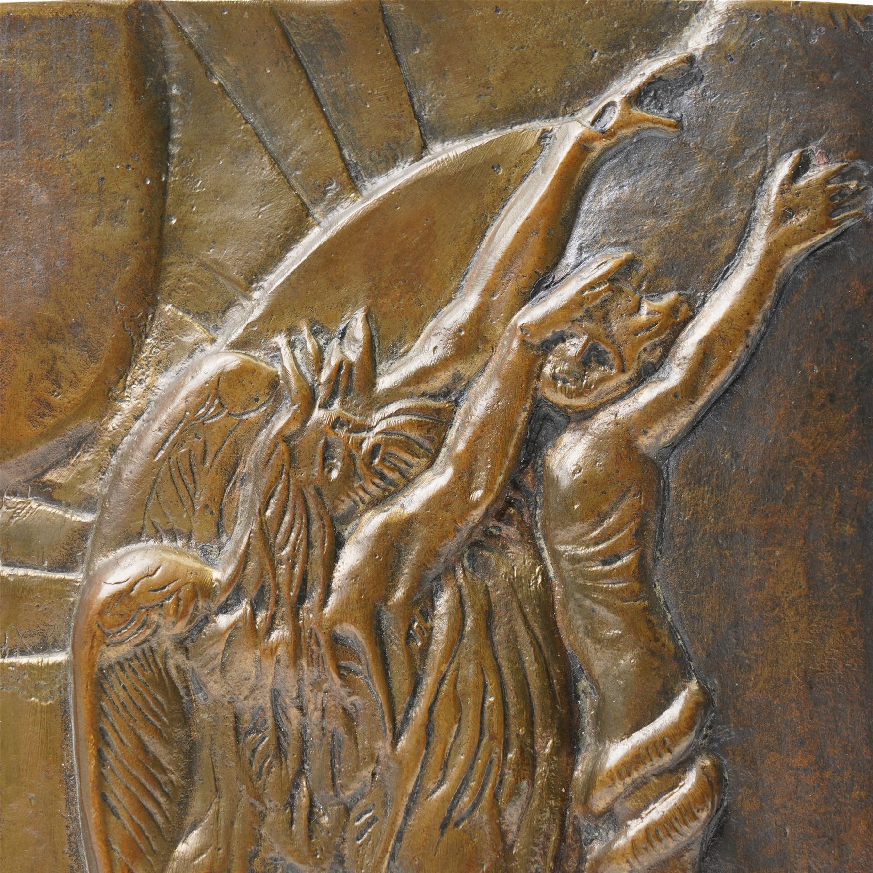 After William Blake - Bronze plaque 'Elohim creating Adam' the reverse marked 'Spencer. S Mint' and 'William Blake' 13.5cm x 19cm
