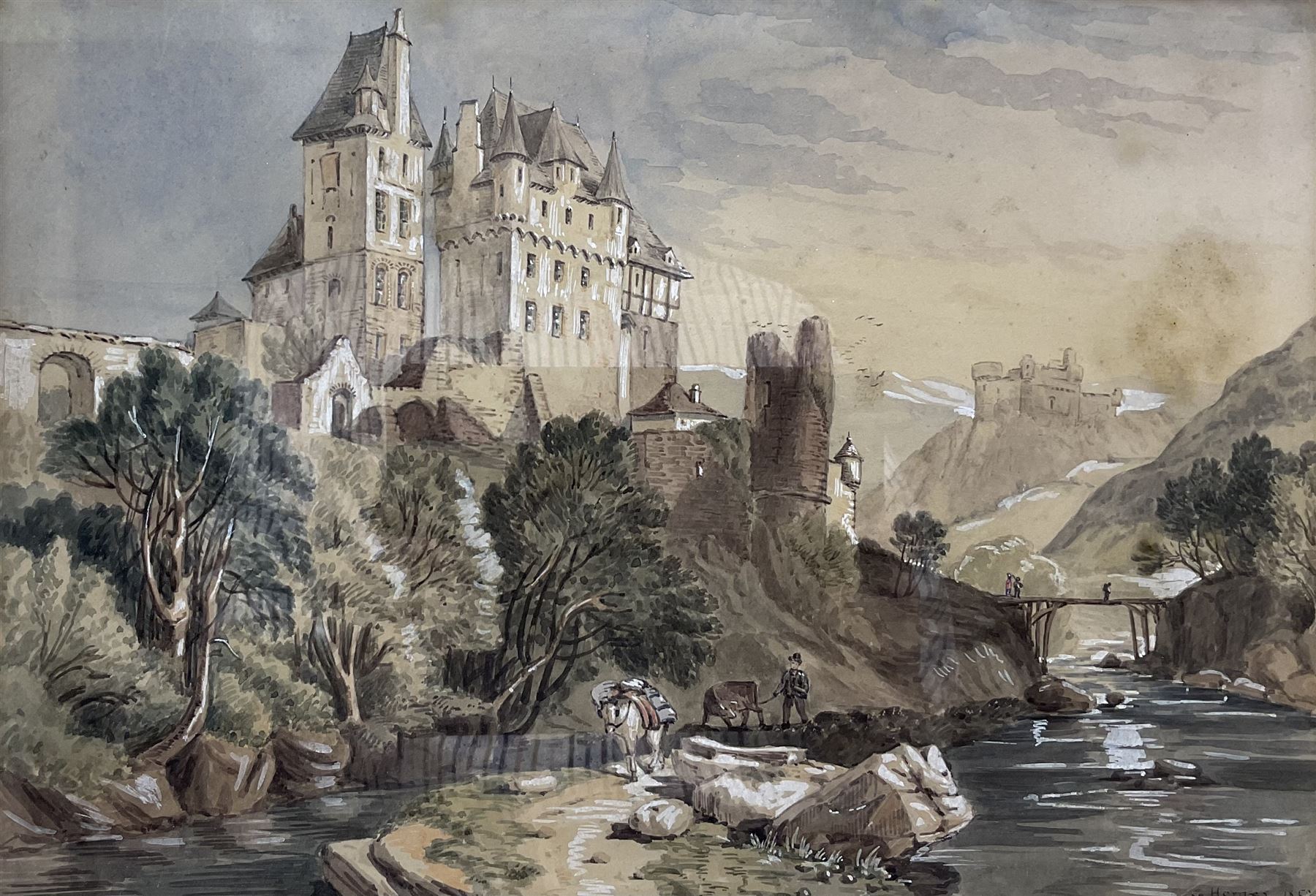 Christopher Horner (British 19th century): Eltz Castle - Germany, watercolour heightened in white signed and dated 1859, various labels verso 23cm x 33cm
