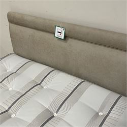 Divan double bed and headboard, upholstered in grey fabric, together with mattress 