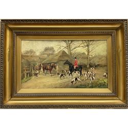 Attrib. George Wright (British 1860-1942): Huntsman and Hounds at the Farm Entrance, oil on board unsigned 23cm x 41cm