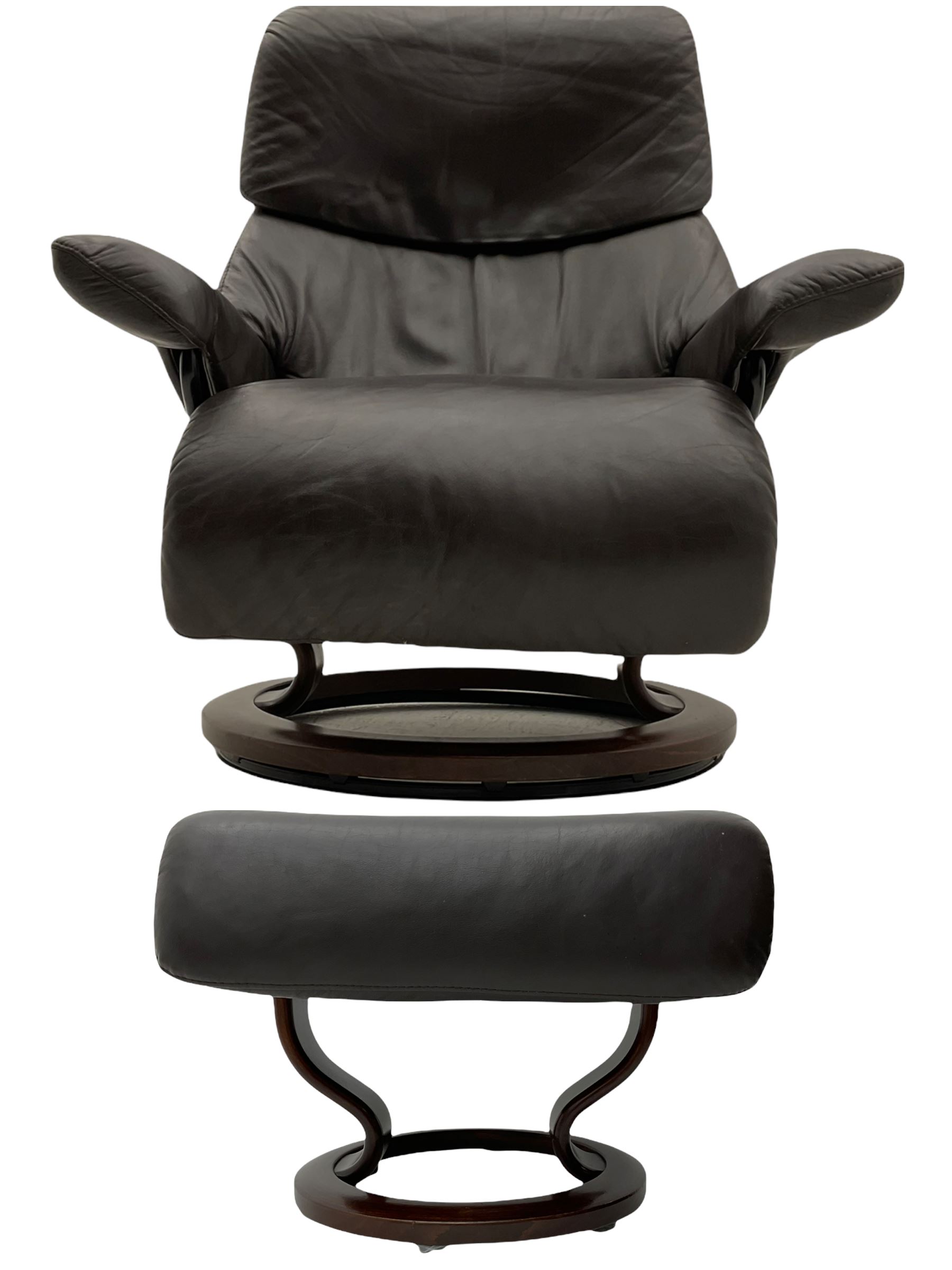 Ekornes Stressless - swivel reclining armchair with adjustable headrest, upholstered in cocoa brown leather, with matching footstool