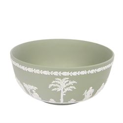 Wedgwood sage green jasperware to include Bowl, vases, covered trinket dish, plate etc