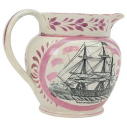 19th century Sunderland lustre jug, transfer printed with Northumberland 74, verse on Time to the front and the verse 'Swiftly see each moment flies...' to the other side, H18cm