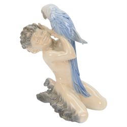 Royal Copenhagen Faun riding a goat no 737, together with Fawn and Parrot no. 752