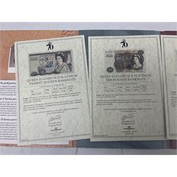 Queen Elizabeth II 'The Platinum Jubilee Banknote Collection' including 2022 'The Unissued Fifty Pence Banknote Gold Coin', housed in official card folder with certificates