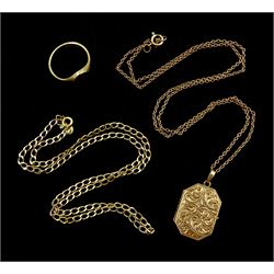 9ct gold jewellery including monogrammed signet ring, rose gold bright cut locket pendant necklace and a flat curb link chain 