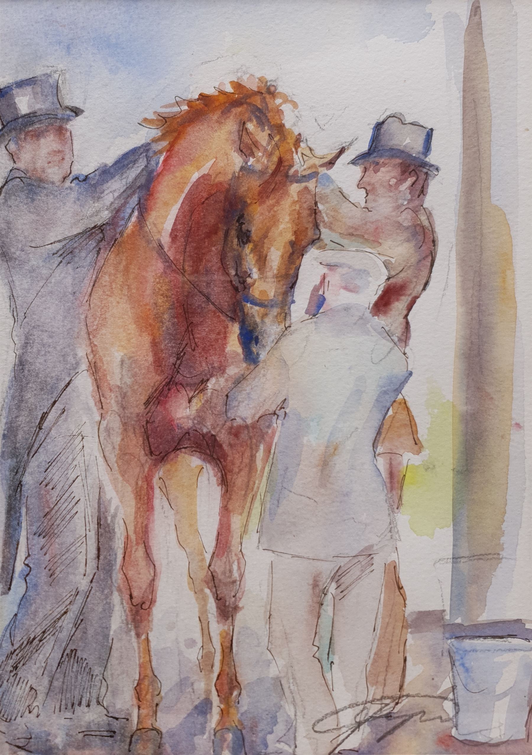 Jacqueline Jones (British 1961-): Adjusting a Bridle, watercolour signed  24cm x 17cm 
Notes: Jacquie Jones was Artist in Residence at The National Horse Racing Museum.