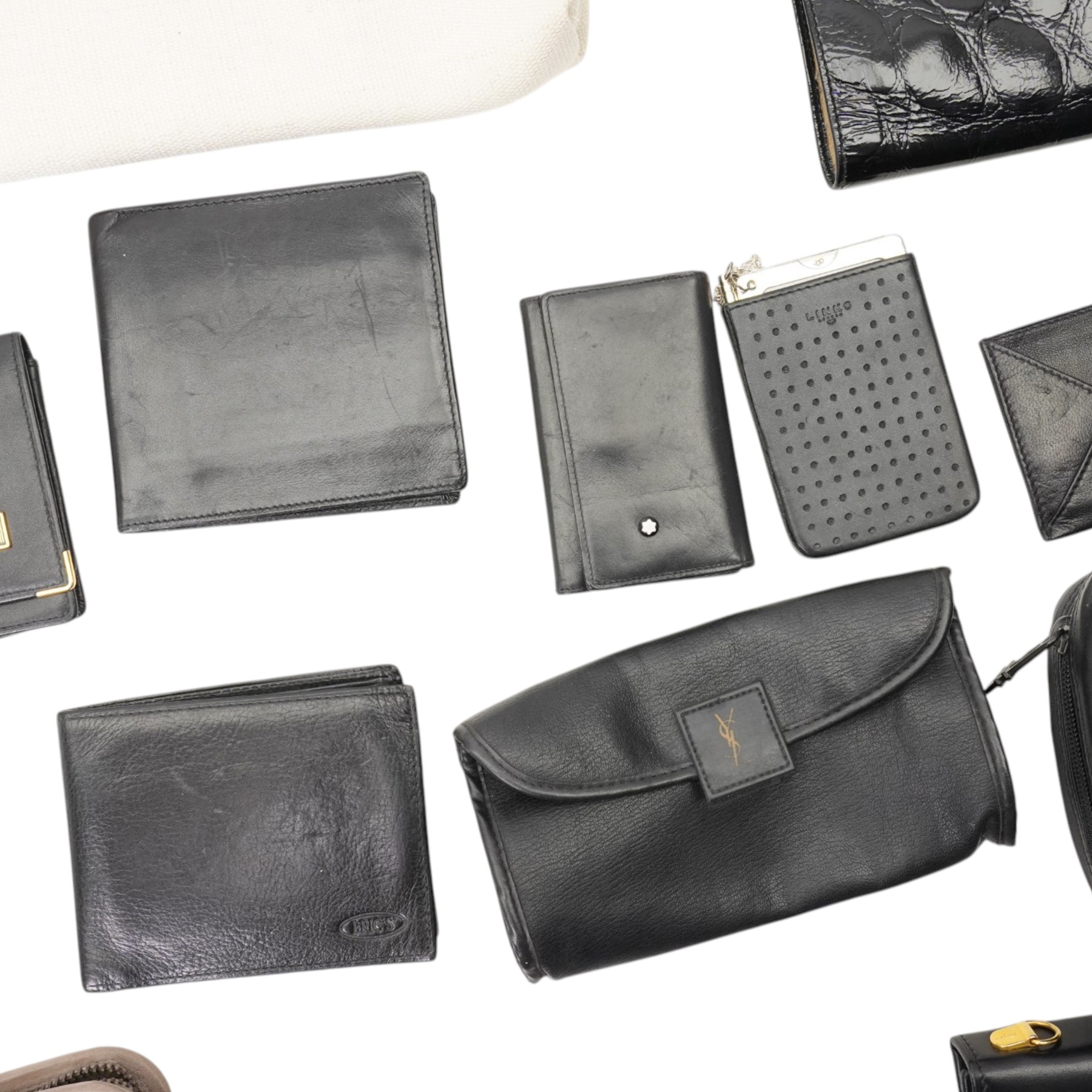 Collection of wallets, purses and bags, including MontBlanc key case and purse, Links London mini magic slate and case, Dunhill wallet and cheque book, Launer men's black leather wallet, Aigner card holder, Kurt Geiger black crocodile-embossed leather portfolio holder, etc (20)